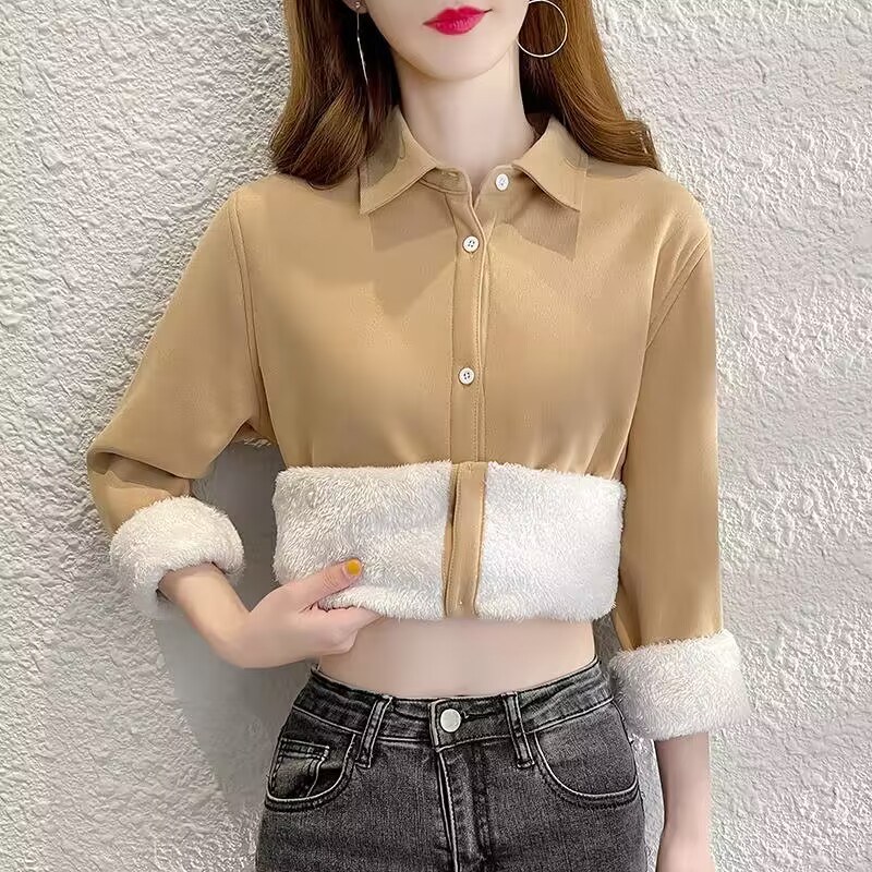 Winter Clothing Trends 2025 - Aksamitne grube ciepłe damskie koszulka Solid