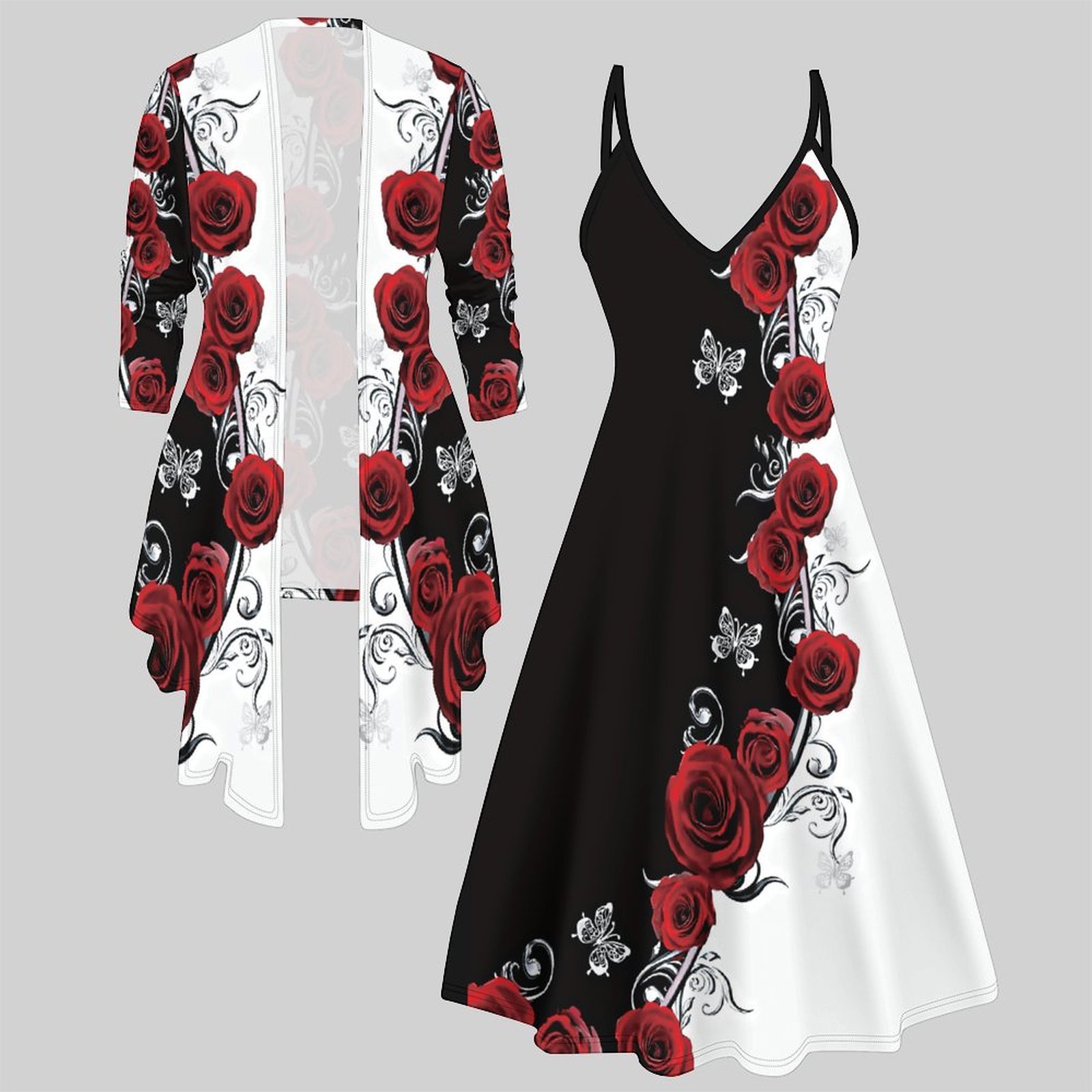 Winter Clothing Online - Damski dwuczęściowy zestaw: sukienka midi, kardigan